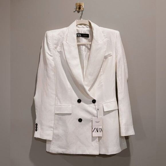 Zara White Linen Blend Double Breasted Blazer XS NWT - Picture 7 of 8